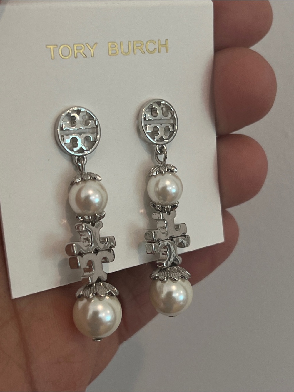 Tory Burch Silver and Pearl Drop Logo Earrings - Picture 4 of 5